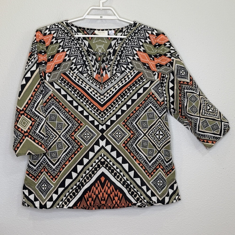 Chico's Pullover Top Womens Size 3 XL Black‎ Green Geometric Print 3/4 Sleeve